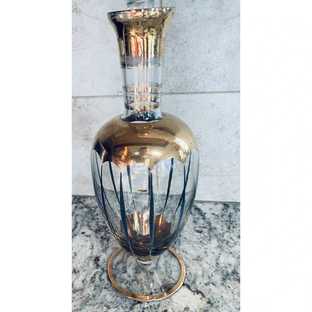 Vintage MCM Bohemia Crystal Glass Decanter Gold Black Gorgeous Antique Beautiful